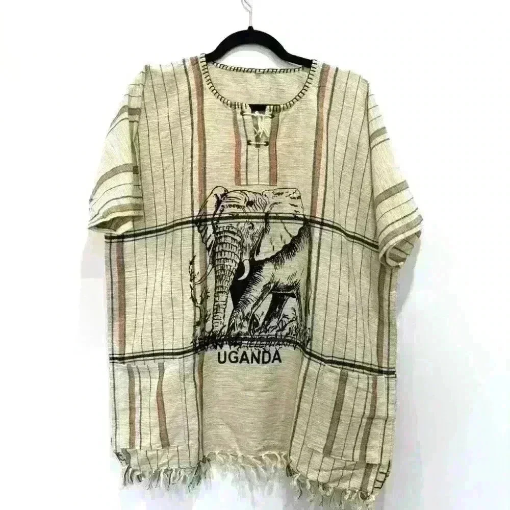 African Elephant Printed Kikoy  Beige Shirt Uganda Woven Hemp Pockets L